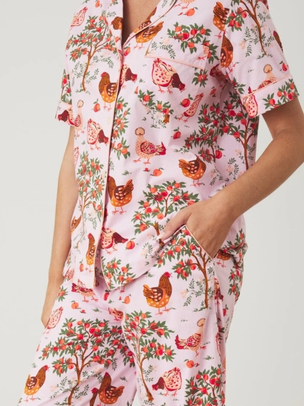 Print Fresh Hen House Organic Cotton Pajama Set Short Sleeve & Pants Pink Size S - Picture 5 of 16